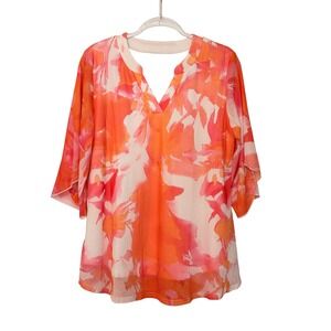 LUYAA Women Orange Pink Floral V-Neck Bell Sleeve Chiffon Blouse Top Medium NEW